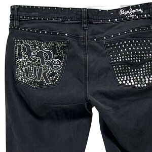 Vintage Pepe Jeans London Flare‎ Pants Womens 30 Black Rhinestone Studded Y2K